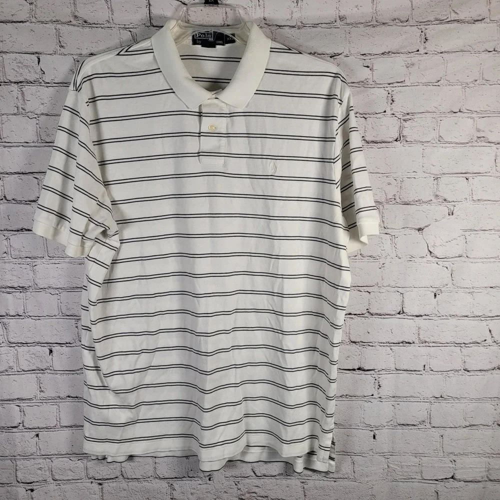 Vntg Ralph Lauren Polo Shirt Mens 2XL Blue White Stripe Short Sleeve White Pony‎